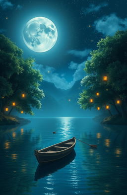 A serene nighttime scene depicting a tranquil lake surrounded by lush trees under a starry sky