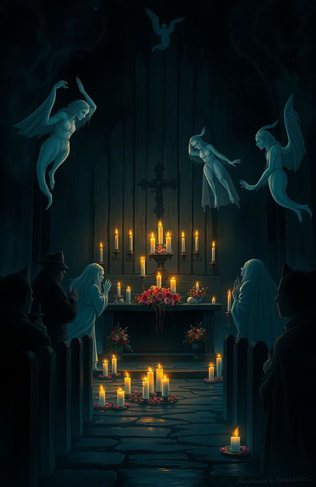 A beautifully dark and atmospheric illustration of "Misa de las Animas," featuring a mystical, candle-lit altar surrounded by ethereal spirits and shadowy figures