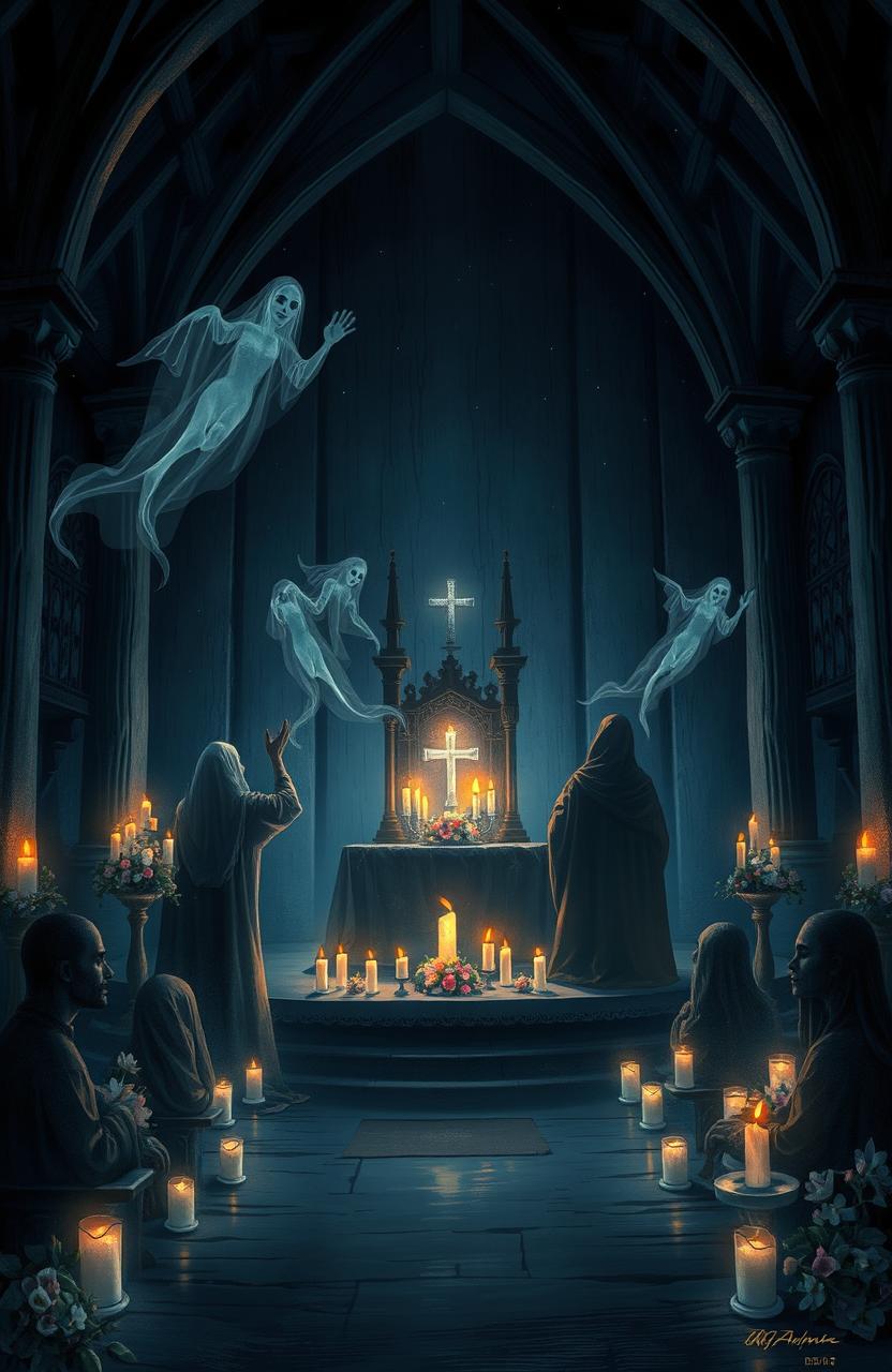 A beautifully dark and atmospheric illustration of "Misa de las Animas," featuring a mystical, candle-lit altar surrounded by ethereal spirits and shadowy figures