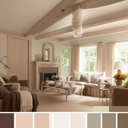 A visualization of a cozy and stylish living room with calming and soothing color schemes perfect for a home.