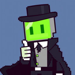 A pixelated character wearing a black suit with a cloak and a top hat