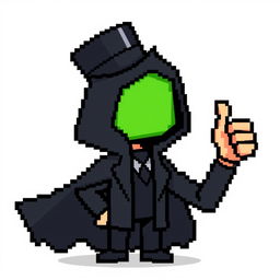 A pixelated character wearing a black suit with a cloak and a top hat