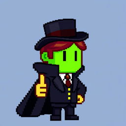 A pixelated character wearing a black suit with a cloak and a top hat
