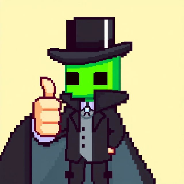 A pixelated character wearing a black suit with a cloak and a top hat