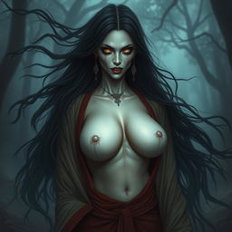 A spooky Thai female ghost with a terrifying yet captivating presence, showcasing her large breasts, draped in traditional Thai ghost attire