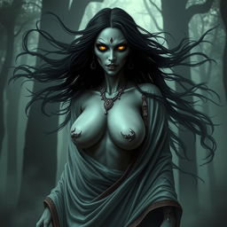 A spooky Thai female ghost with a terrifying yet captivating presence, showcasing her large breasts, draped in traditional Thai ghost attire