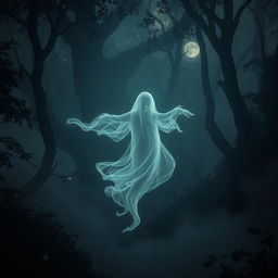 A mystical, ethereal ghost gracefully floating in a dimly lit, foggy forest