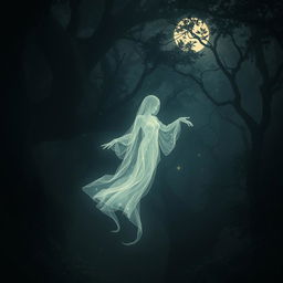 A mystical, ethereal ghost gracefully floating in a dimly lit, foggy forest