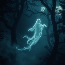 A mystical, ethereal ghost gracefully floating in a dimly lit, foggy forest