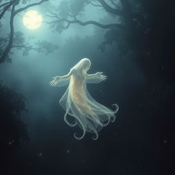 A mystical, ethereal ghost gracefully floating in a dimly lit, foggy forest