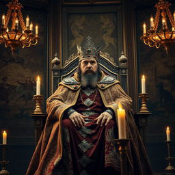 A striking portrait of a powerful king sitting on his majestic throne in a grand medieval hall