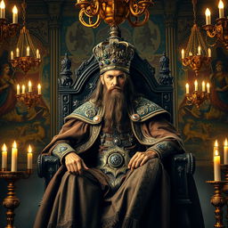 A striking portrait of a powerful king sitting on his majestic throne in a grand medieval hall