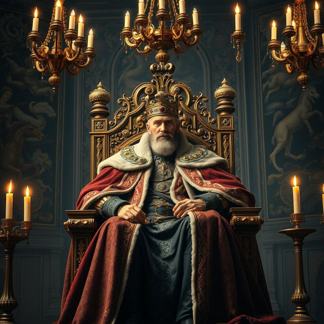 A striking portrait of a powerful king sitting on his majestic throne in a grand medieval hall