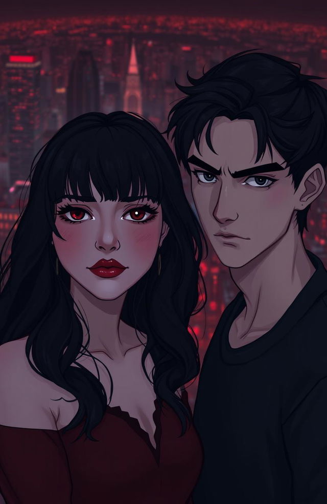 A dark romance scene featuring two teenagers in a cityscape at night