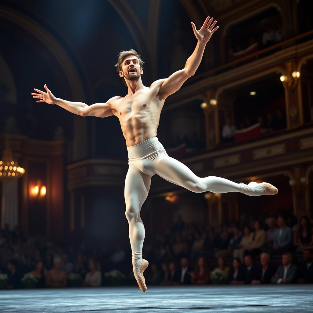 A dynamic and emotionally charged performance by a male ballet dancer, showcasing intense expression and athleticism