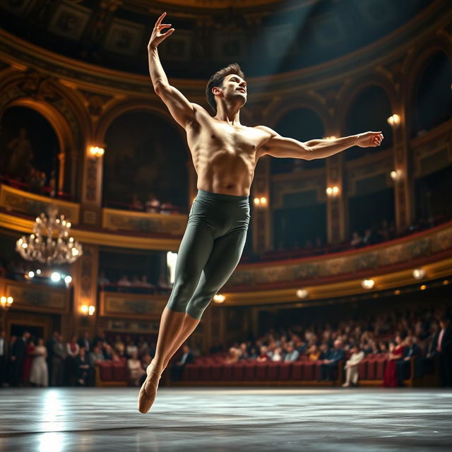 A dynamic and emotionally charged performance by a male ballet dancer, showcasing intense expression and athleticism