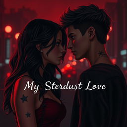 A dark romance scene depicting two teenagers caught in a tense moment of conflicting emotions