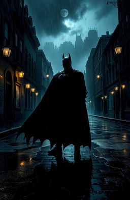 An atmospheric depiction of Gotham City during a heavy rainstorm, showcasing dimly lit alleyways and shadowy buildings that emit an eerie glow from old street lamps