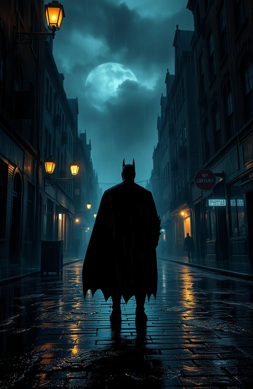 An atmospheric depiction of Gotham City during a heavy rainstorm, showcasing dimly lit alleyways and shadowy buildings that emit an eerie glow from old street lamps