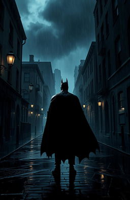 An atmospheric depiction of Gotham City during a heavy rainstorm, showcasing dimly lit alleyways and shadowy buildings that emit an eerie glow from old street lamps
