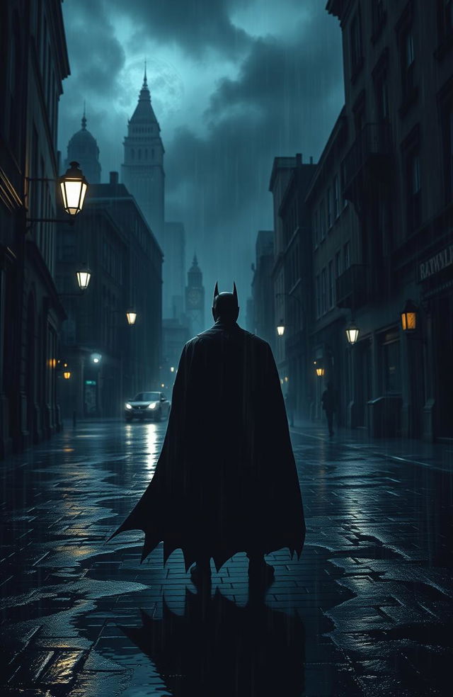 An atmospheric depiction of Gotham City during a heavy rainstorm, showcasing dimly lit alleyways and shadowy buildings that emit an eerie glow from old street lamps