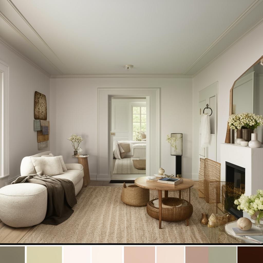 A visualization of a cozy and stylish living room with calming and soothing color schemes perfect for a home.