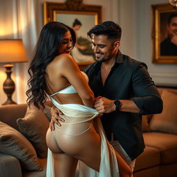 A seductive Indian MILF in a stylish living room, wearing a revealing outfit that showcases her curves