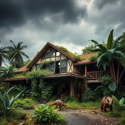 An abandoned visitor center from a fantasy Jurassic Park, featuring overgrown vegetation with tropical foliage and vines creeping on the building's walls
