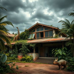 An abandoned visitor center from a fantasy Jurassic Park, featuring overgrown vegetation with tropical foliage and vines creeping on the building's walls