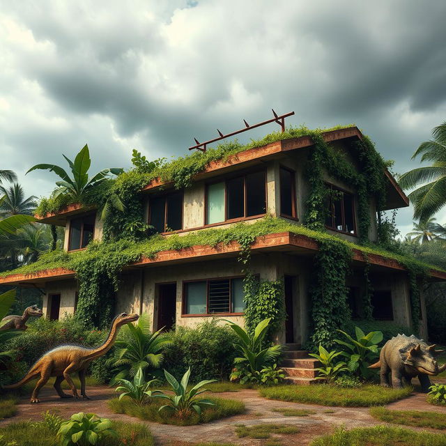 An abandoned visitor center from a fantasy Jurassic Park, featuring overgrown vegetation with tropical foliage and vines creeping on the building's walls