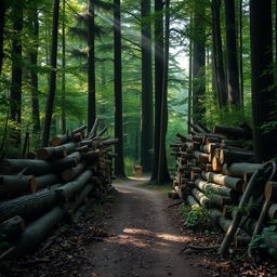 A dense forest scene with towering trees, a dirt road that is completely blocked by numerous cut trees, creating a natural barrier, except for a narrow opening allowing only one person to pass through