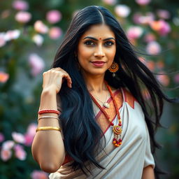 An artistic representation of a mature Indian woman, gracefully posed in a way that emphasizes her confidence and beauty