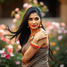 An artistic representation of a mature Indian woman, gracefully posed in a way that emphasizes her confidence and beauty