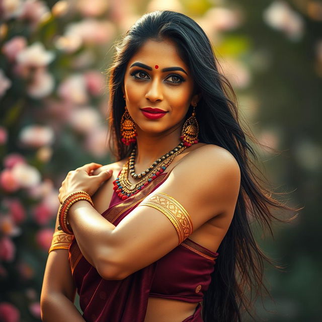 An artistic representation of a mature Indian woman, gracefully posed in a way that emphasizes her confidence and beauty