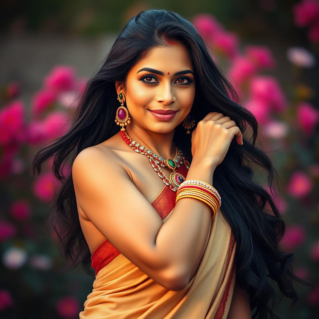 An artistic representation of a mature Indian woman, gracefully posed in a way that emphasizes her confidence and beauty