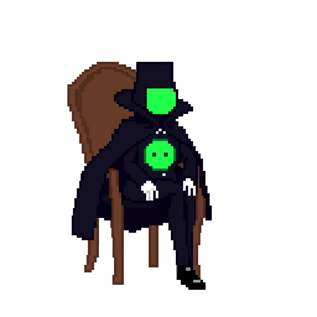 A character in a pixel art style, dressed in an elegant black outfit with a cloak and a top hat, sitting on a chair