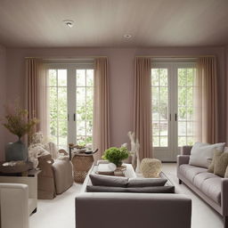 A visualization of a cozy and stylish living room with calming and soothing color schemes perfect for a home.