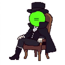 A character in a pixel art style, dressed in an elegant black outfit with a cloak and a top hat, sitting on a chair