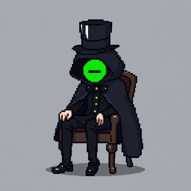 A character in a pixel art style, dressed in an elegant black outfit with a cloak and a top hat, sitting on a chair