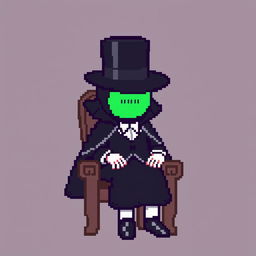 A character in a pixel art style, dressed in an elegant black outfit with a cloak and a top hat, sitting on a chair
