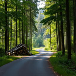 A serene forest scene with a road partially blocked by a pile of freshly cut trees