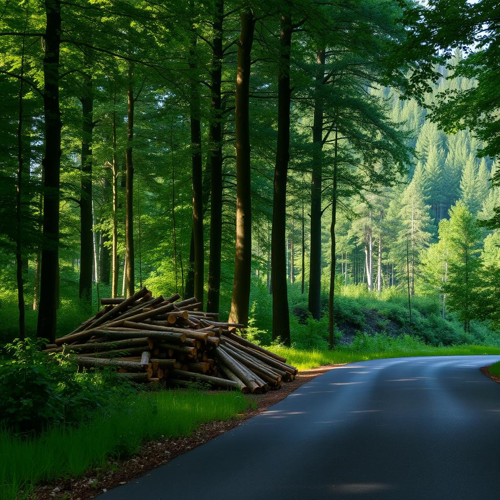 A serene forest scene with a road partially blocked by a pile of freshly cut trees