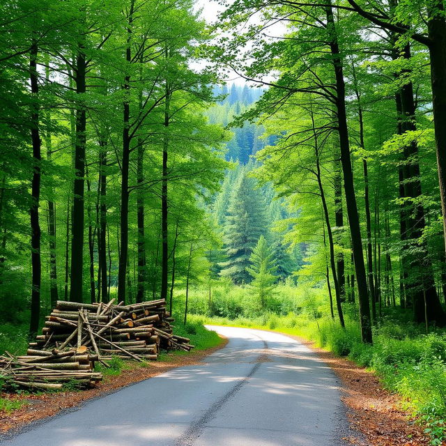 A serene forest scene with a road partially blocked by a pile of freshly cut trees