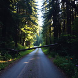 A scenic forest road blocked by fallen trees, with sun rays filtering through the dense canopy