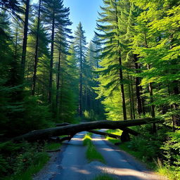 A scenic forest road blocked by fallen trees, with sun rays filtering through the dense canopy