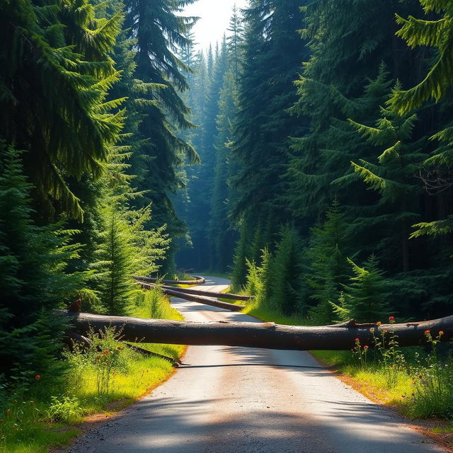 A scenic forest road blocked by fallen trees, with sun rays filtering through the dense canopy