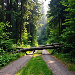 A scenic forest road blocked by fallen trees, with sun rays filtering through the dense canopy