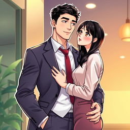 In a vibrant manhua art style, depict a tall, 7-foot man with a fit, gym-toned build, showcasing his half-Korean and Russian descent