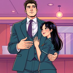 In a vibrant manhua art style, depict a tall, 7-foot man with a fit, gym-toned build, showcasing his half-Korean and Russian descent