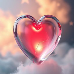 A beautifully artistic representation of a glass heart, intricately designed and delicately crafted, showcasing stunning reflections and refractions of light